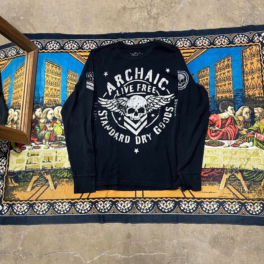 Black affliction thermal shirt Size large skulls wings tribal y2k archaic grunge